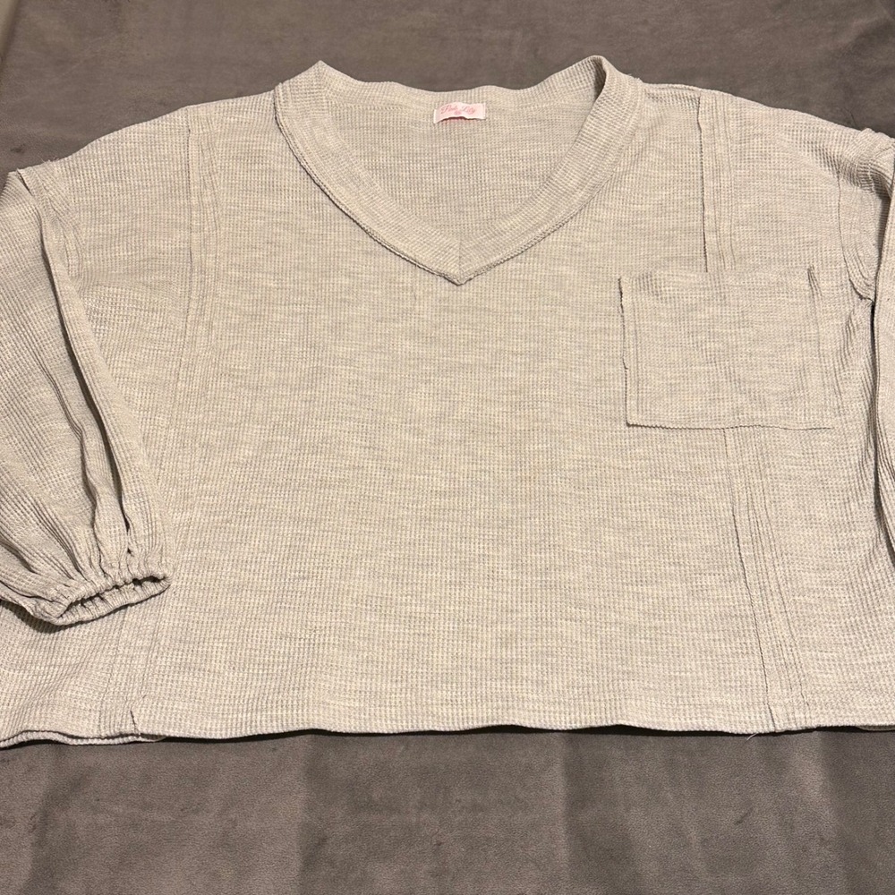 Pink Lily Women Oatmeal Waffle Knit V-Neck Thermal Pocket Top XS